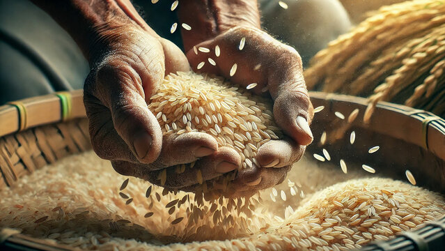 rice grains being threshed by hand