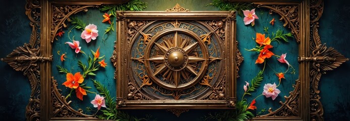 Obraz premium Ornate Compass with Flowers.
