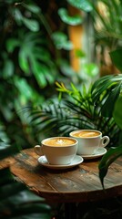 Two Cups of Latte Art on a Wooden Table Surrounded by Greenery