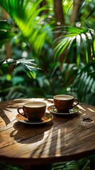 Two Cups of Coffee on a Wooden Table Surrounded by Lush Greenery