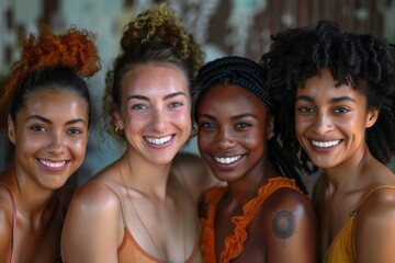 Fototapeta premium Unity in Diversity - Multiracial Group Embracing Inclusivity and Joy in Colorful Modern Portrait