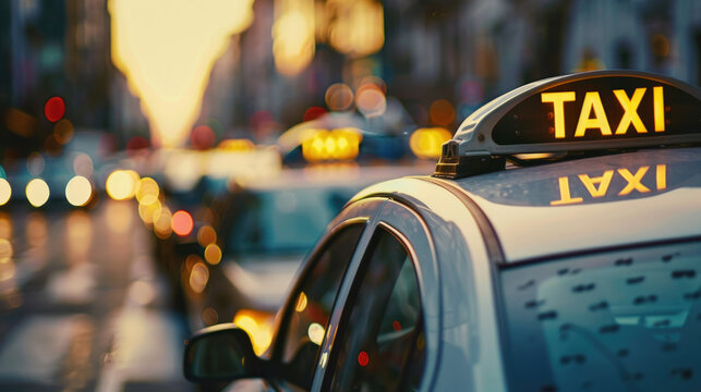 A close-up of the tops of several white taxi cabs, with black signs