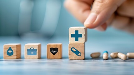 Wooden Blocks with Medical Symbols on Natural Background