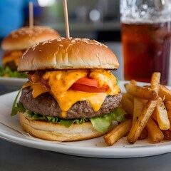 Delicious burger with toppings and french fries