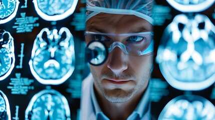 A doctor wearing a surgical cap and magnifying glasses
