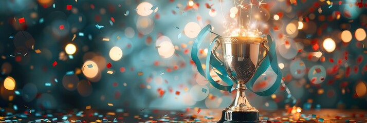 A gold cup with a ribbon on top is surrounded by confetti by AI generated image