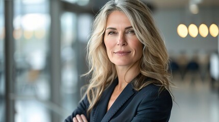 Obraz premium Confident and Composed: A professional woman in a sleek suit exudes confidence and composure as she stares directly at the camera, showcasing a powerful presence in the workplace. 