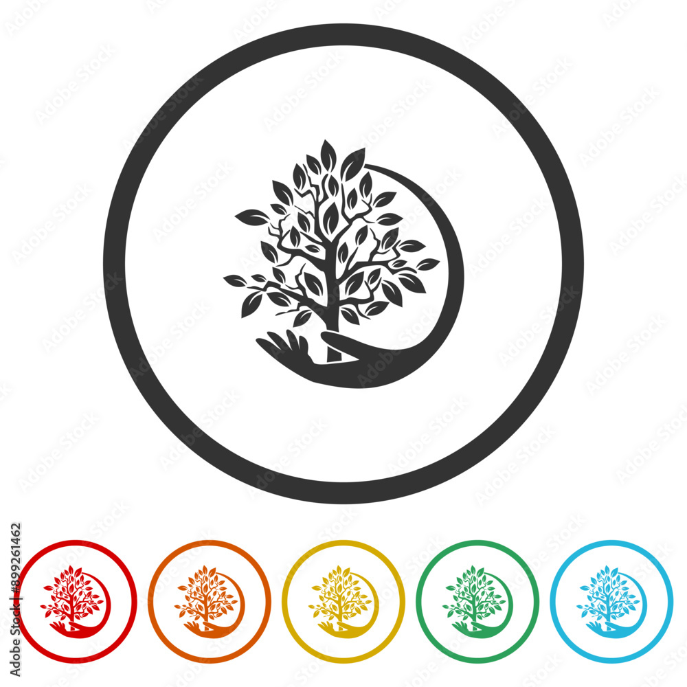 Poster tree care logo. set icons in color circle buttons