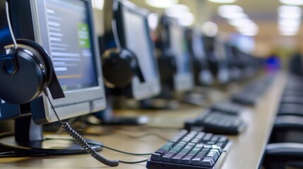 Row of call center workstations