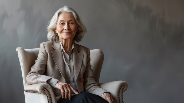 The image depicts a sophisticated senior lady, elegantly dressed in a tailored suit. 