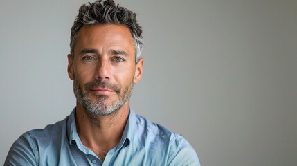 Silver Fox Confidence: Portrait of a handsome, mature man with salt and pepper hair, exuding confidence and charisma against a neutral background.
