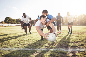Rugby, man and diving with ball for touchdown or win score with a try, tackle and competitive sports or game. Team, athlete and field for football or running for championship tournament and match.