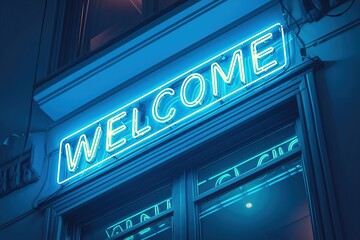 Obraz premium a blue neon sign with the word welcome over store or restaurant