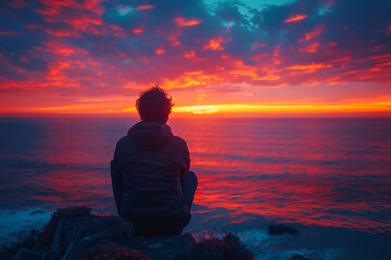  A person sitting on a rock by the ocean, gazing at the waves.