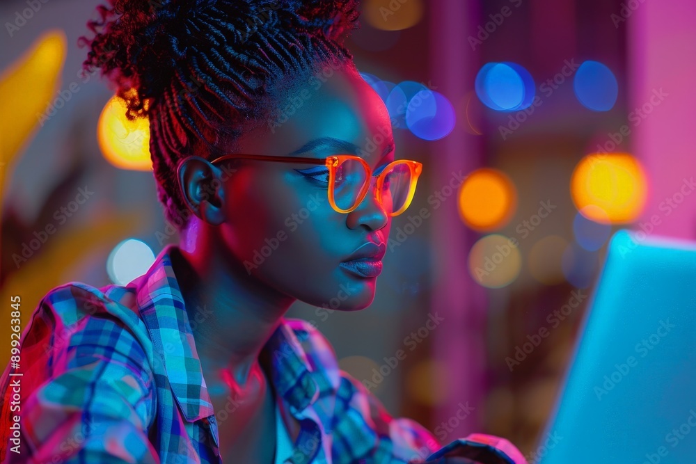 Poster ambitious african american female computer programmer working late in modern office setting