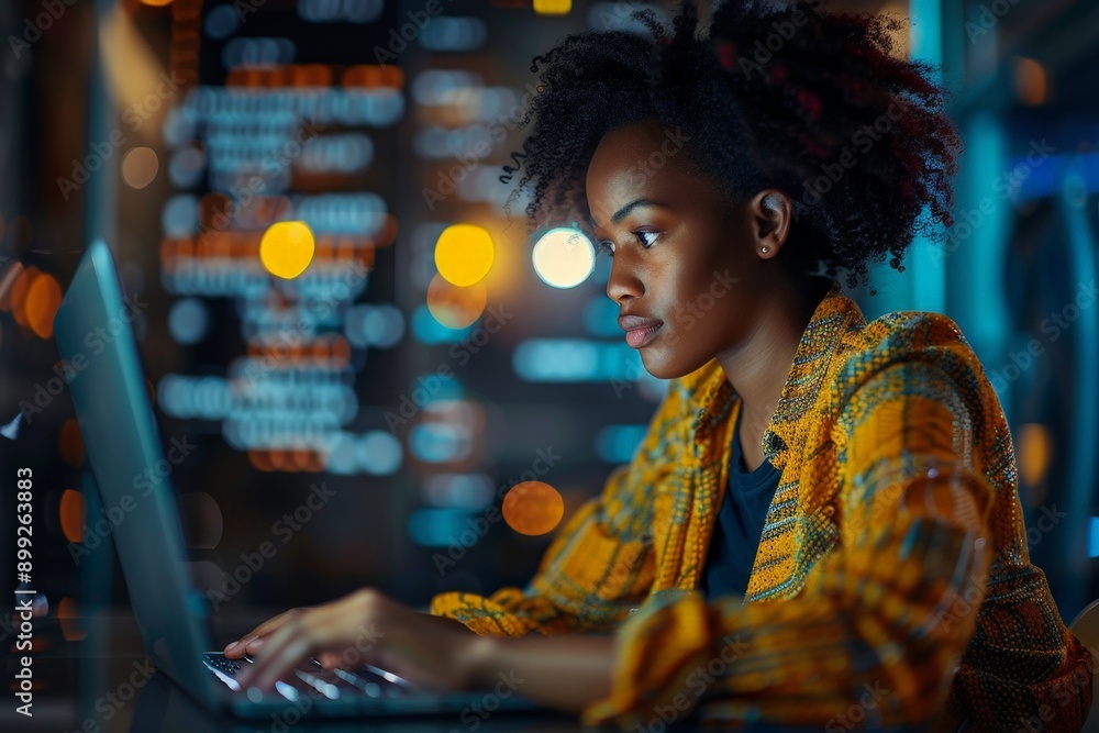 Aufkleber ambitious african american female programmer coding on laptop in sleek office setting
