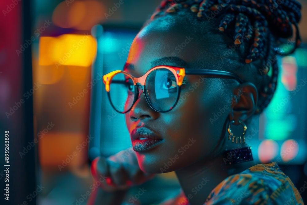 Poster focused african american female computer programmer coding in dimly lit office