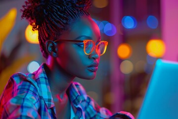 Ambitious African American Female Computer Programmer Working Late in Modern Office Setting