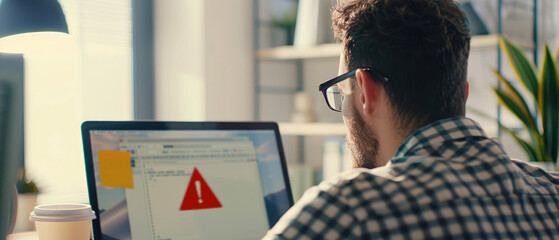 A man wearing glasses is sitting at his laptop, back view. looking at the screen which has an exclamation mark indicating something has occurred in screen