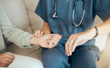 Hands, nurse and check heart rate on wrist with patient for healthcare, wellness or high blood...
