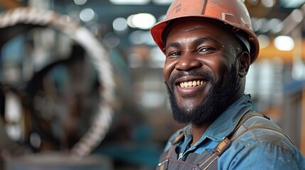 Fototapeta premium The Pride of Manufacturing: Portrait of a Black male engineer beaming with pride in a bustling factory setting. 