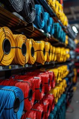 Obraz premium Warehouse full of organized colorful industrial cables on shelves
