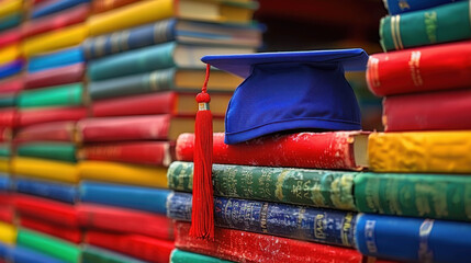 A blue graduation cap with a red tassel sits on a stack of vibrant, colorful books, symbolizing academic achievement and education.
