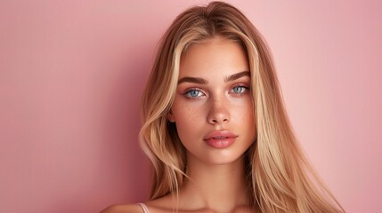 Fototapeta premium Golden Hour Glow: A captivating portrait of a young woman with long blonde hair and piercing blue eyes, bathed in the warm light of a pink sunset, exuding confidence and natural beauty. 
