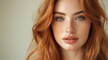 Naklejka premium Redhead Beauty: Captivating portrait of a young woman with fiery red hair and piercing blue eyes, showcasing natural beauty and confidence. 