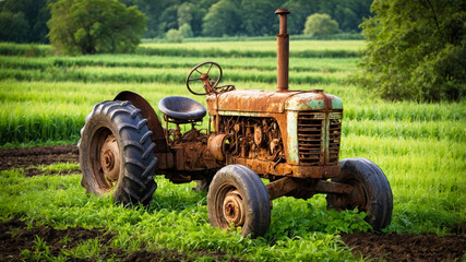 Obraz premium An old rusty tractor on a green field