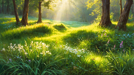 Fototapeta premium Beautiful green grass with colorful flowers in the sunlight