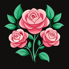 Set of decorative rose with leaves. Flower silhouett. Vector illustration, Set of floral watercolor. Flower pink rose, green leaves. Floral poster, invitation floral. Vector arrangements for greeting
