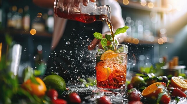bartender expertly pouring a vibrant cocktail into a chilled glass, garnishing it with fresh herbs and citrus slices.