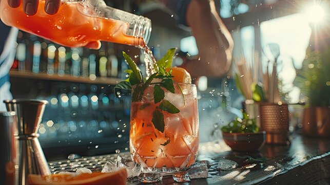 bartender expertly pouring a vibrant cocktail into a chilled glass, garnishing it with fresh herbs and citrus slices.