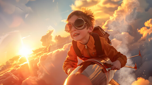 Carefree child flying through a glowing sunset sky on a whimsical rocket journey wearing aviator sunglasses and a backpack with a joyous expression  The scene is bathed in soft