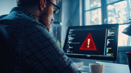 A man wearing glasses is sitting at his laptop, back view. looking at the screen which has an exclamation mark indicating something has occurred in screen