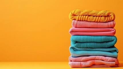 Stack of colorful folded clothing items. Clean laundry copyspace background