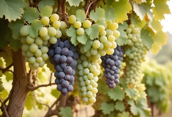 Beautiful, fresh, ripe grapes growing on the tree, ready to be picked. Grapes growing next to a winery in sunny Italy