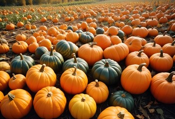 A field full of large orange pumpkins. Pumpkin field. Autumn field