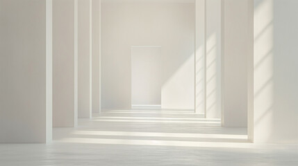 Fototapeta premium A long hallway with white walls and a door in the middle