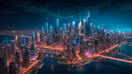 Obraz premium city at night, with many tall buildings and neon lights.