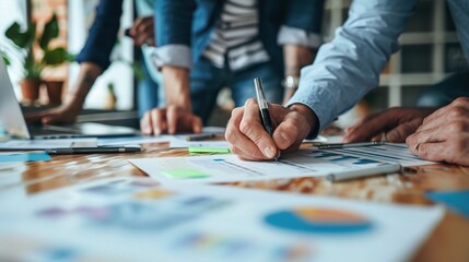 Obraz premium Writing, teamwork and business people in office meeting for calendar, planning or schedule. Creative, collaboration or men with mature mentor for learning