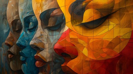 Three women of diverse ethnicities posing together in a colorful painting.