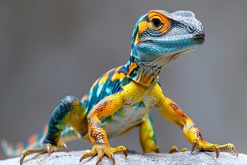  Colorful lizard with orange, yellow, and blue stripes on its body.