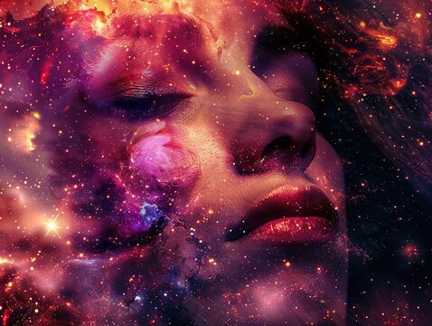 Surreal digital art of an abstract woman's face with closed eyes, enveloped by cosmic swirls and stars, against a nebula-filled background. Capturing the essence of the universe within her silhouette