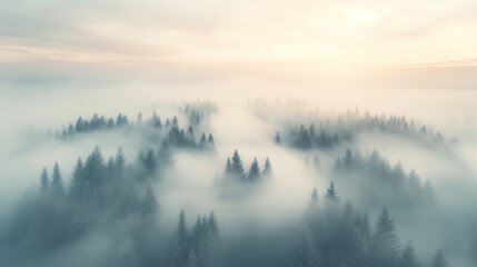 Fototapeta premium A forest covered in fog, with trees in the foreground and background