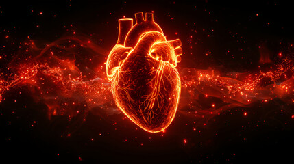 Abstract shape of human heart with digital red line of cardiac pulse on a black background