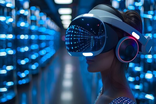 A woman wearing a VR headset in a data center, immersed in virtual reality experience.