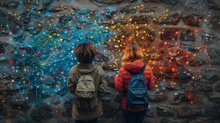 Fototapeta premium Two people standing in front of a wall with colorful lights, creating a vibrant and dynamic atmosphere.