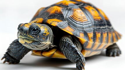 Obraz premium A turtle with a yellow and black shell resting on the ground.